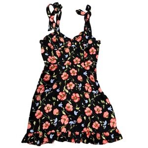 Forever 21 Floral Tie Strap Mini Dress Black Red Blue Smocked Back Small